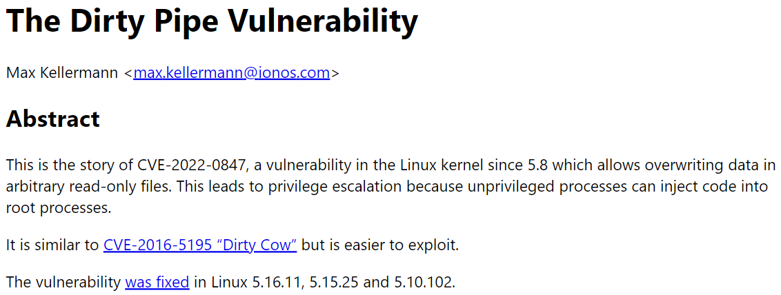 Linux 内核最新高危提权漏洞：脏管道 (Dirty Pipe)