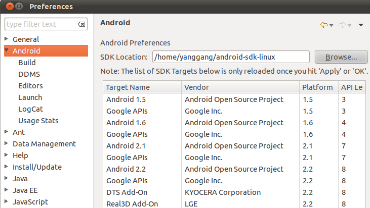 Ubuntu搭建Eclipse+JDK+SDK的Android开发环境